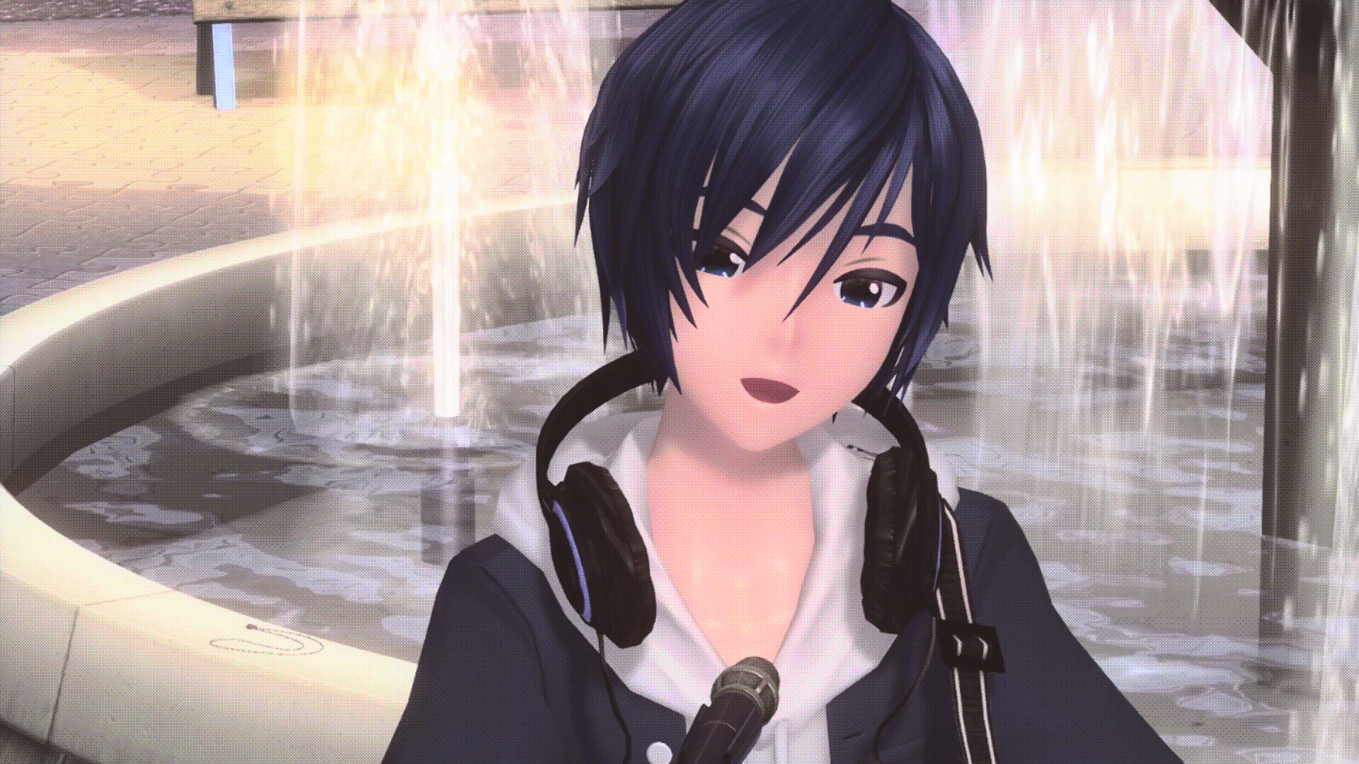 screenshot of project diva where vocaloid kaito tilts his head and makes a soft expression in front of a waterfall